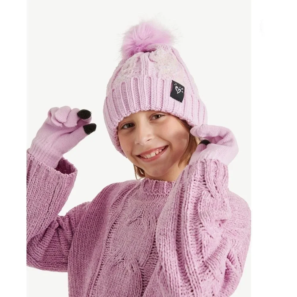 Girls Justice Sequin Cable Knit Hat and Gloves Set Pink 2-Pack
